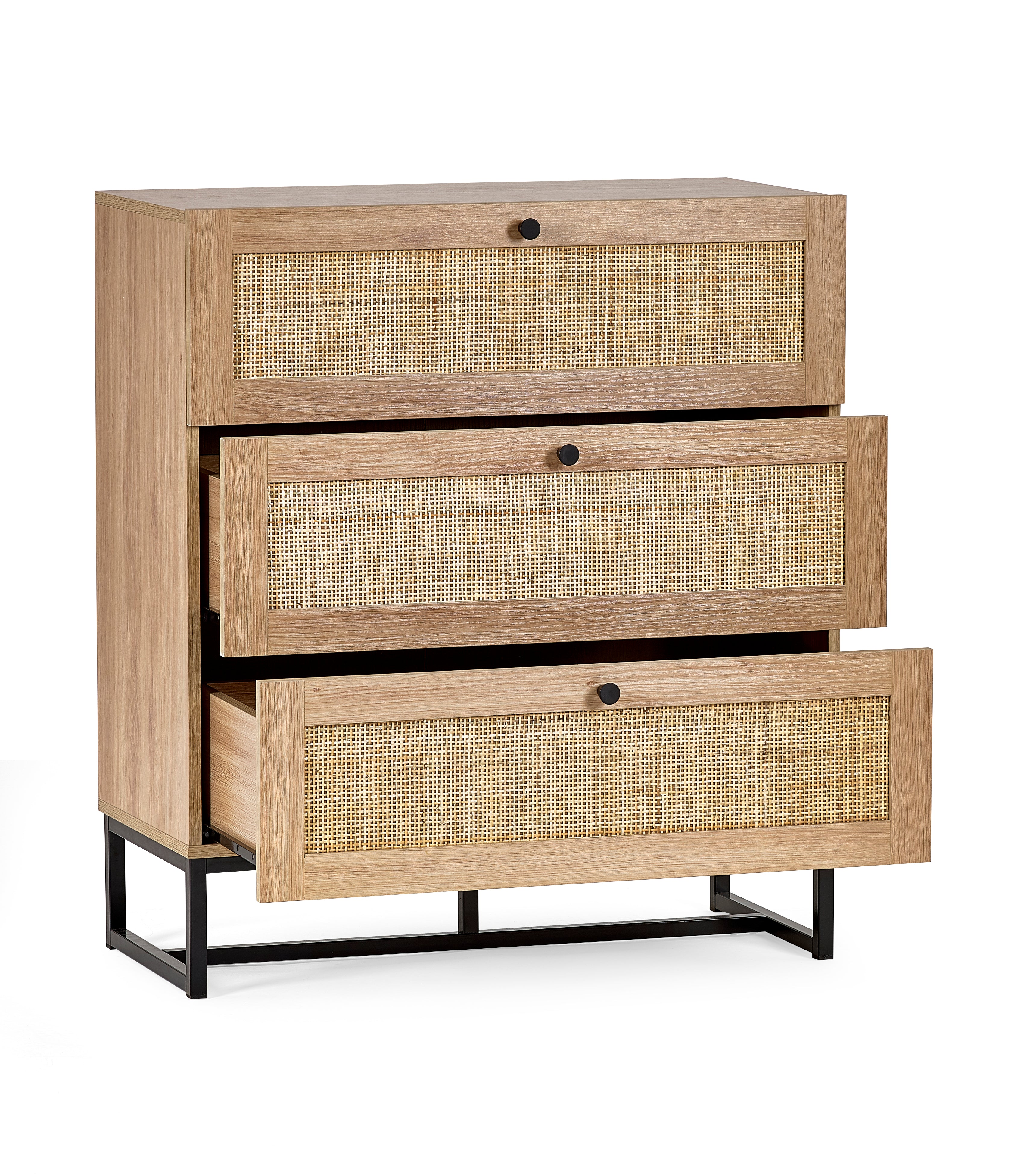 Clermont Oak Wood & Rattan Chest of Drawers | 3 Drawers